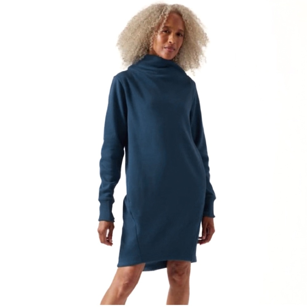 Athleta NWT Cozy Karma Mock Neck Dress With Plush Interior Color Deep Teal Blue